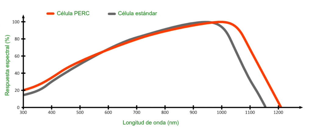 Comparación de la respuesta espectral de la célula PERC y la célula estándar